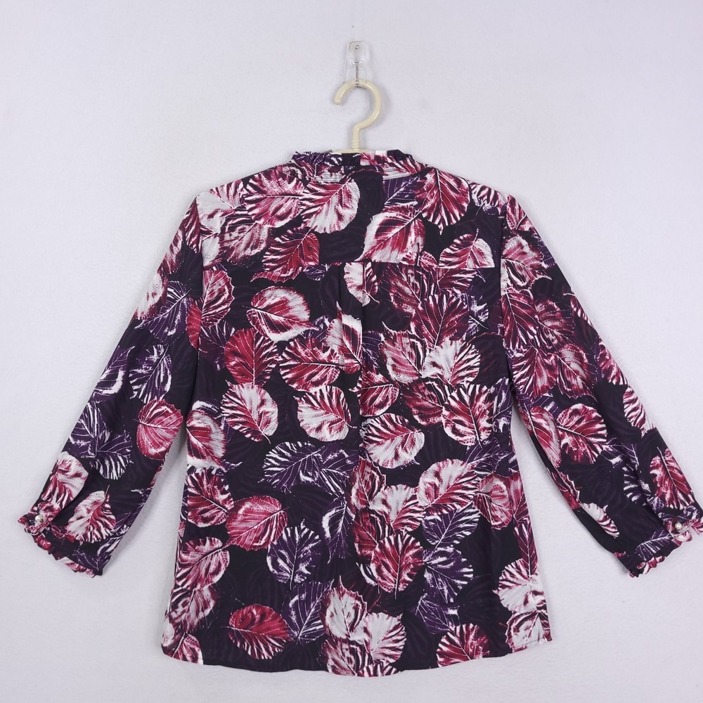 Karl Lagerfeld Paris Blouse Womens XS Pearl Button Floral Leaf Printed Ruffle - Picture 2 of 12